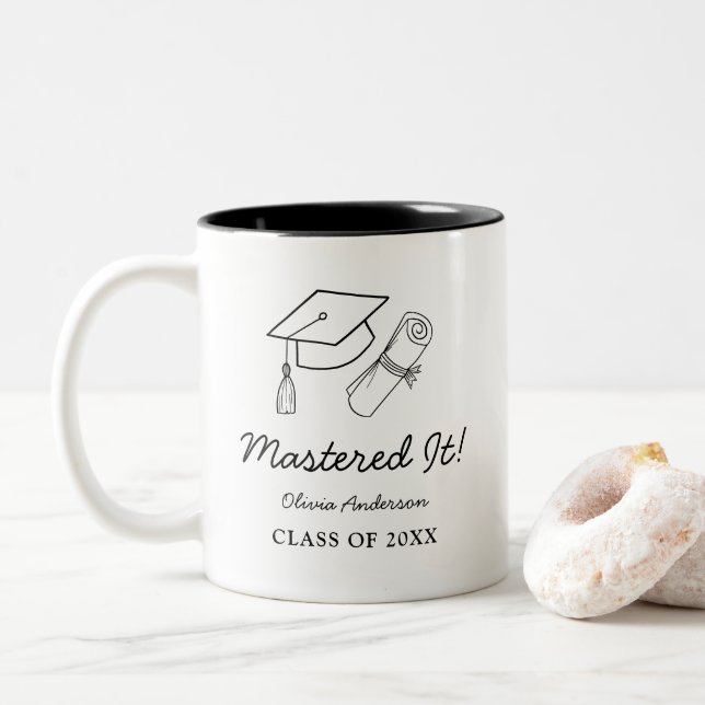 Mastered It! Black Graduation Cap & Scroll Doodle Two-Tone Coffee Mug (With Donut)