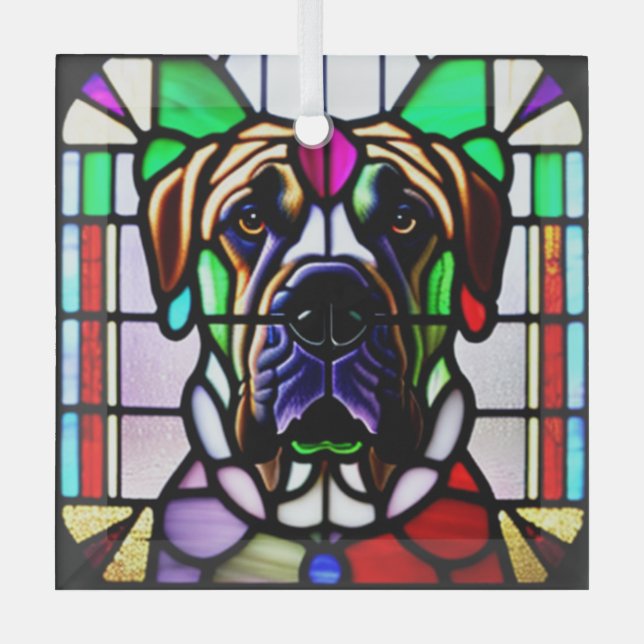 Mastiff Dog "Stained Glass"  Glass Tree Decoration (Front)