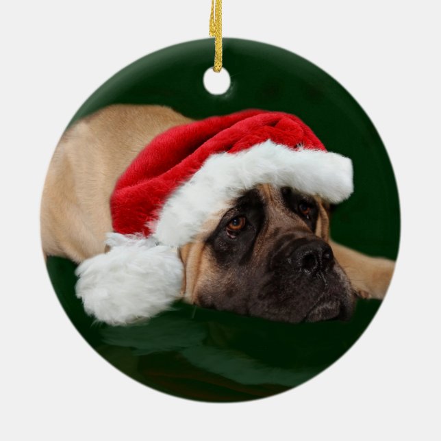 Mastiff in a Santa hat Ceramic Tree Decoration (Back)