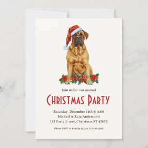 Mastiff in a Santa Hat White Dog Christmas Party Invitation