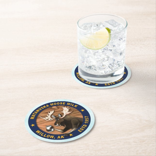 Matanuska Moose Milk Round Paper Coaster (Insitu)