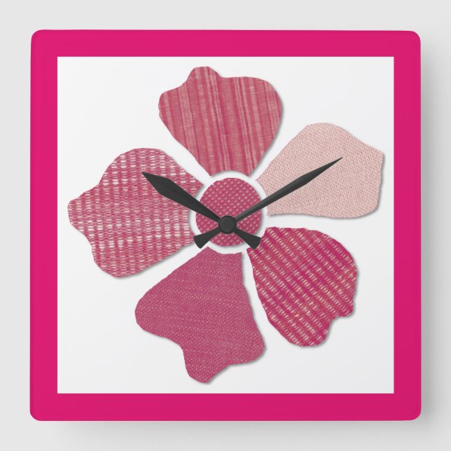 Match Any Colour Faux Fabric Collage Flower Square Wall Clock (Front)