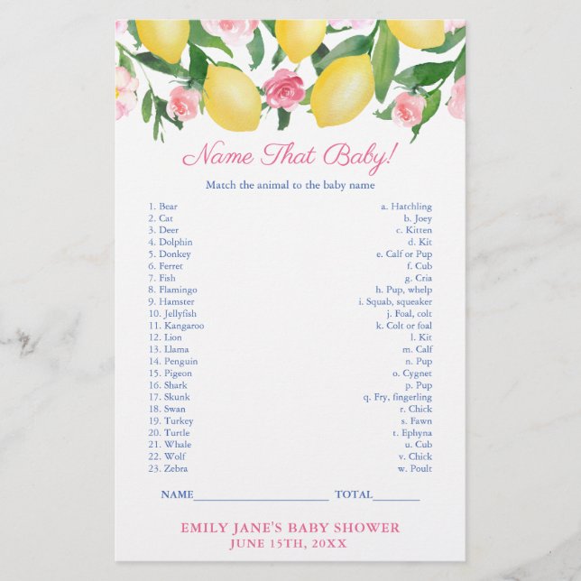 Match Baby Animal With Mum Lemons Shower Game Card (Front)