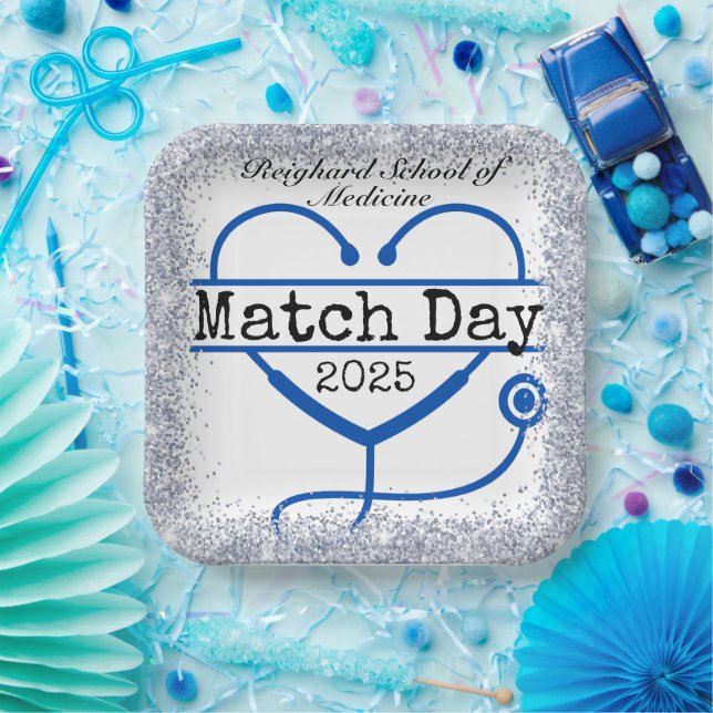 Match Day Blue 2025 Glitter Stethoscope Paper Plate (Party)