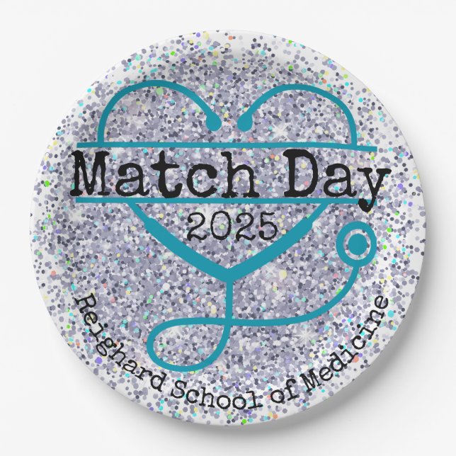 Match Day Blue 2025 Glitter Stethoscope Paper Plate (Front)