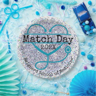 Match Day Blue Custom Year Glitter Stethoscope Paper Plate