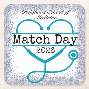 Match Day Turquoise Blue 2026 Glitter Stethoscope Square Paper Coaster