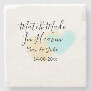 Match made in heaven blue yellow pastel heart name stone coaster