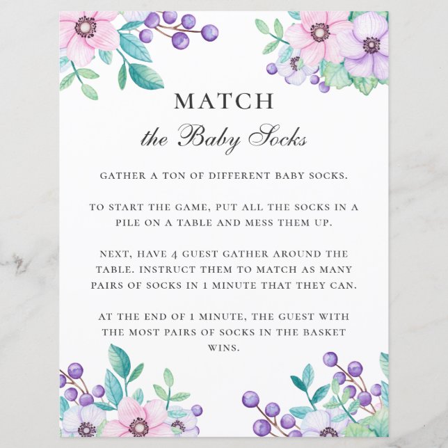 Match the baby socks. Baby shower game. Floral (Front)