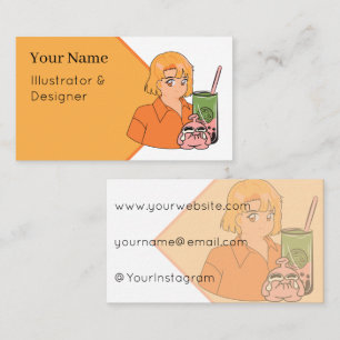 Matcha Bubble Tea Time – Aesthetic Orange Anime Gi Business Card