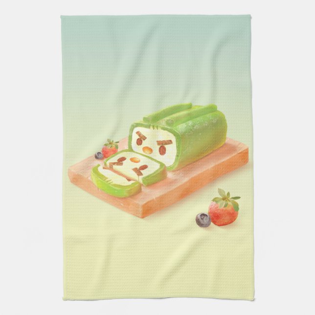 Matcha Cake Roll Illustration Tea Towel (Vertical)