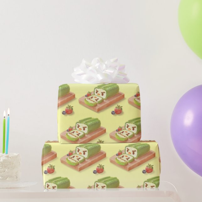 Matcha Cake Roll Illustration Wrapping Paper (Party Gifts)