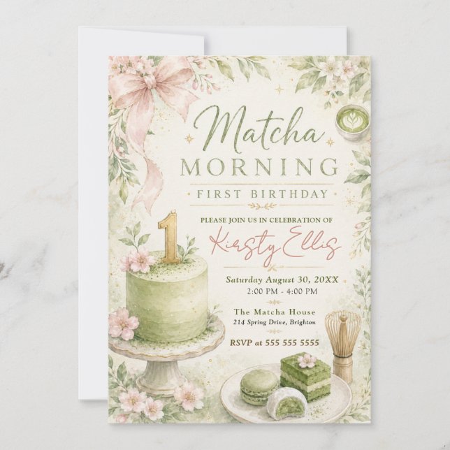 Matcha Morning First Birthday Invitation (Front)