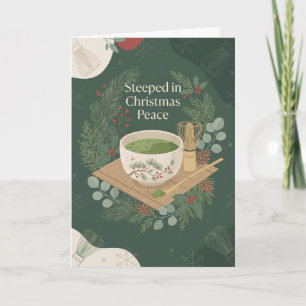 Matcha Tea Cup Watercolour Greenery Christmas Card