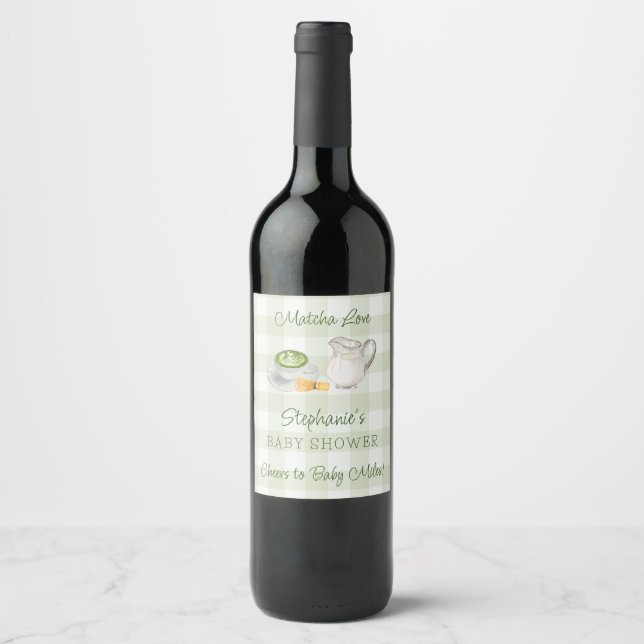 Matcha Themed Green Gingham Plaid Baby Shower Wine Label (Front)