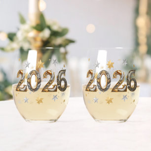 Matched Pair of New Year "2026" Stemless Wine Glass