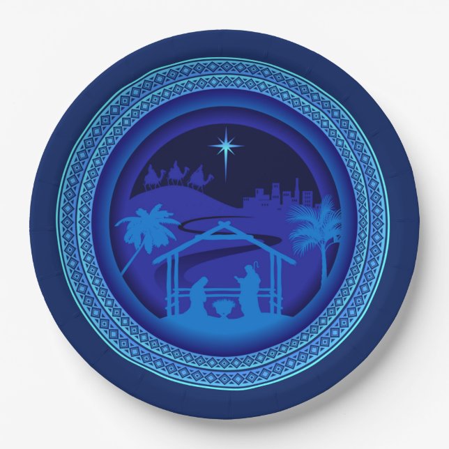 Matching Blue Nativity Christmas 9" Paper Plate (Front)