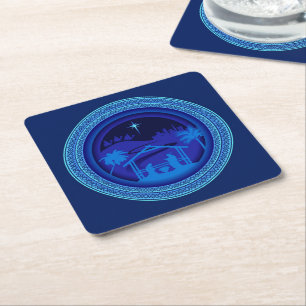 Matching Blue Nativity Christmas Square Paper Coaster