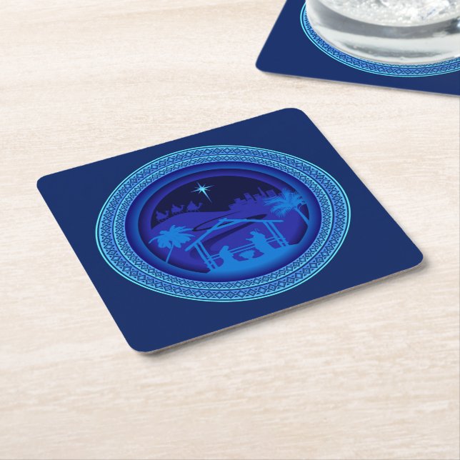Matching Blue Nativity Christmas Square Paper Coaster (Angled)