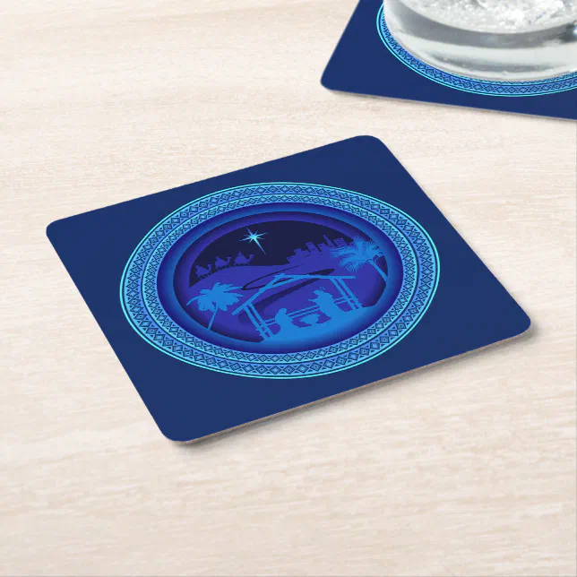 Matching Blue Nativity Christmas Square Paper Coaster | Zazzle