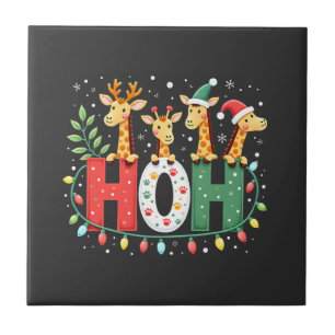 Matching Christmas Santa Hat Ho Ho Ho Giraffe Anim Ceramic Tile