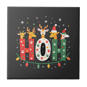 Matching Christmas Santa Hat Ho Ho Ho Giraffe Anim Ceramic Tile