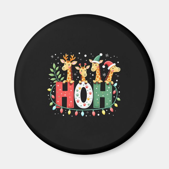 Matching Christmas Santa Hat Ho Ho Ho Giraffe Anim Magnet (Front)