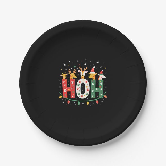 Matching Christmas Santa Hat Ho Ho Ho Giraffe Anim Paper Plate (Front)