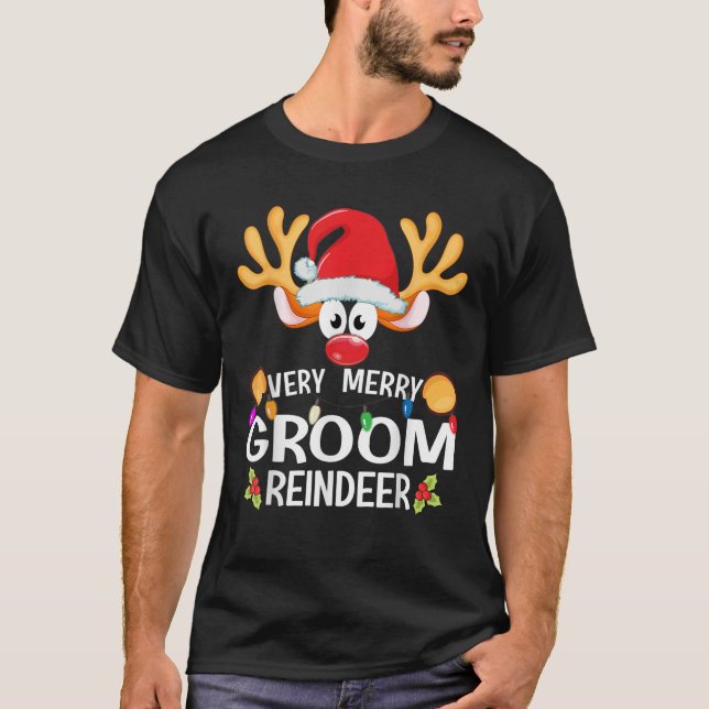 Matching Christmas Very Merry Groom Reindeer  T-Shirt (Front)