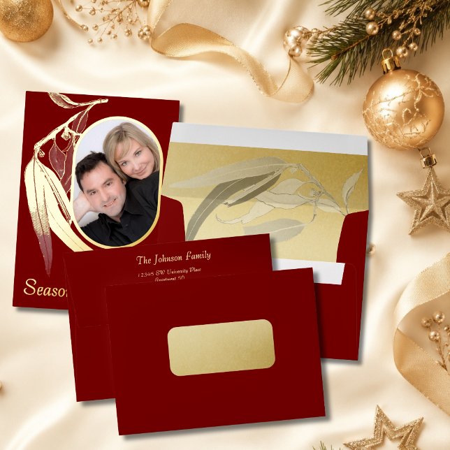 Matching Deep Red Gold Foil Eucalyptus Christmas  Envelope (Creator Uploaded)