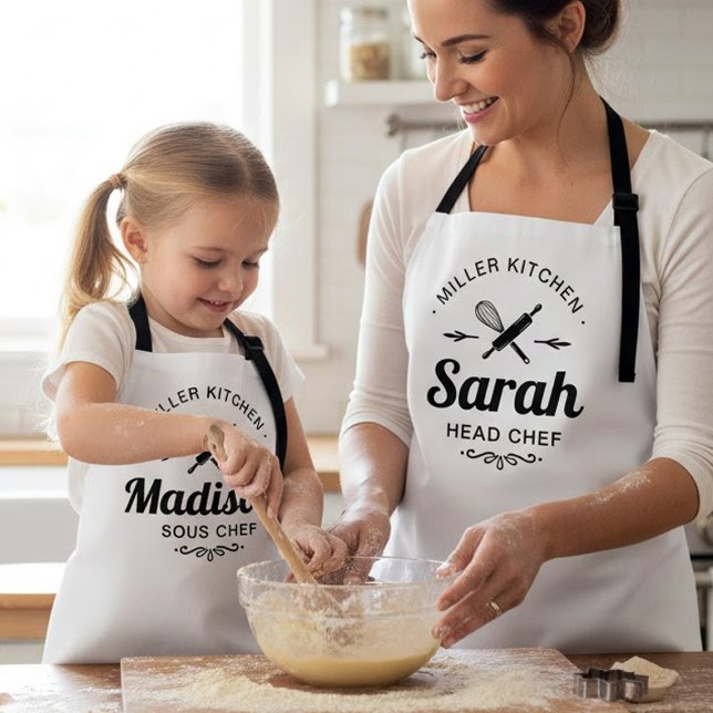 Matching Family Kitchen Aprons with Custom Names  (Mom and Daughter Aprons for Baking and Cooking Together)