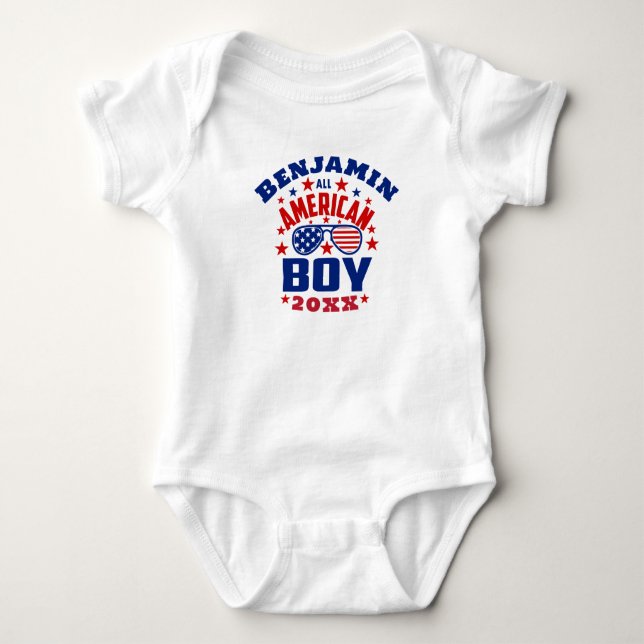 Matching Family Name 4th of July All American Boy Baby Bodysuit (Front)