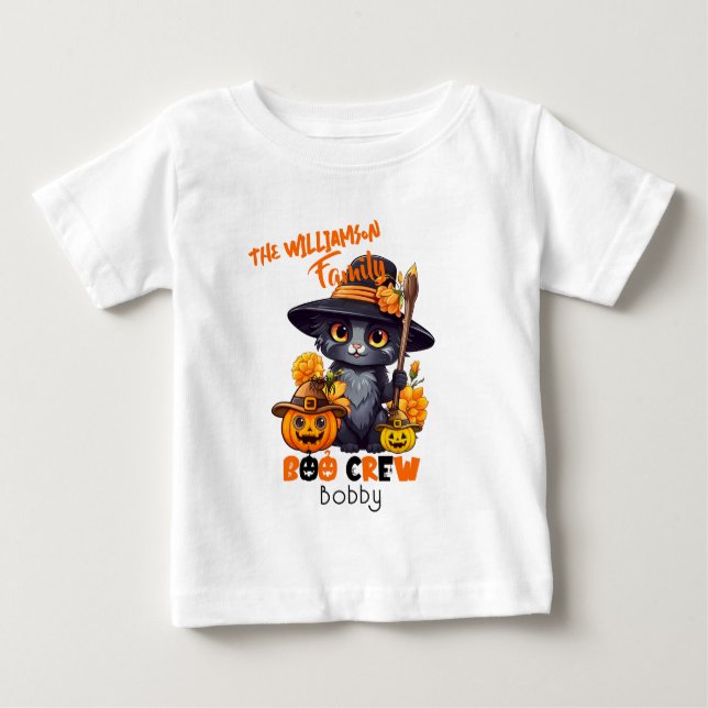 Matching Family Name Halloween Cat Pumpkin Baby T-Shirt (Front)