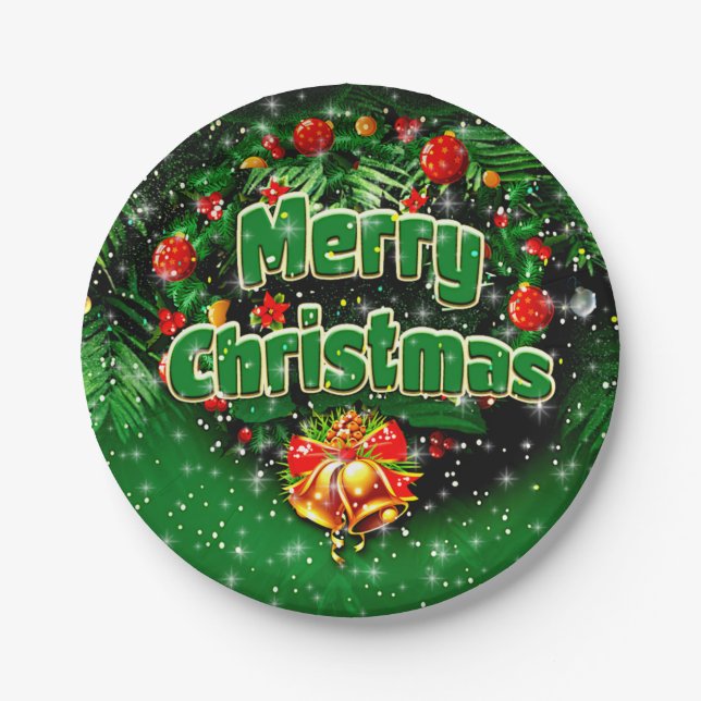 Matching Green Merry Christmas Gold Bells 7" Paper Plate (Front)