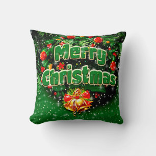 Matching Green Merry Christmas Gold Bells Greeting Cushion