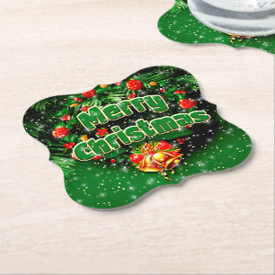 Matching Green Merry Christmas Gold Bells Paper Coaster