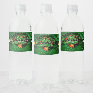 Matching Green Merry Christmas Gold Bells Water Bottle Label