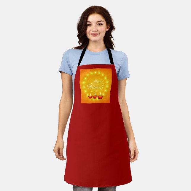 Matching Happy Diwali Yellow & Red Apron (Worn)
