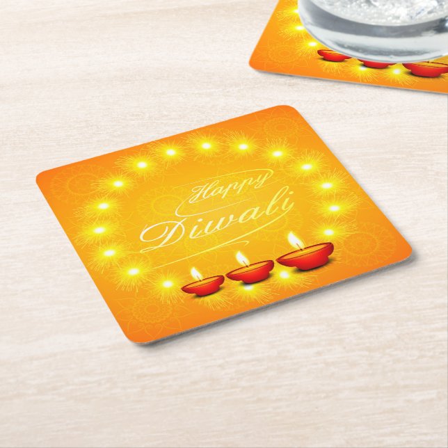 Matching Happy Diwali Yellow Square Paper Coaster (Angled)