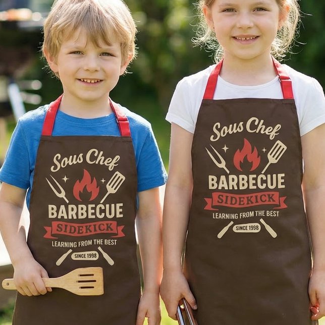 Matching Kids Barbecue Aprons for Cooking  (Cute Sous Chef Barbecue Sidekick Kids Apron for Little Grill Helpers)