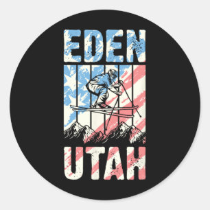 Matching Retro Style Mountain Skiing Eden Utah Tri Classic Round Sticker