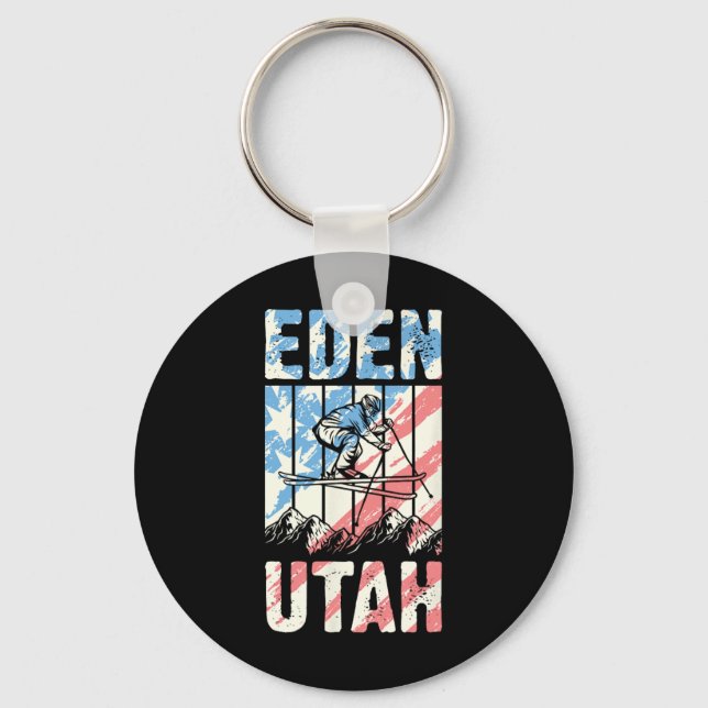 Matching Retro Style Mountain Skiing Eden Utah Tri Key Ring (Front)