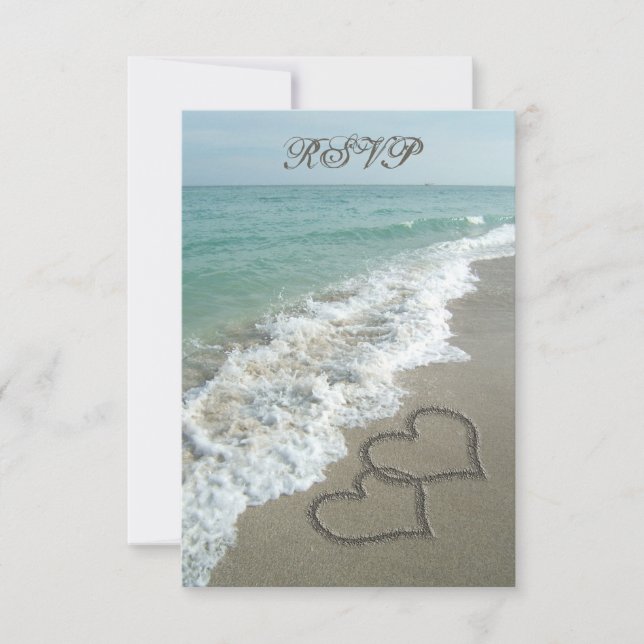 Matching RSVP Card, Two Sand Hearts Beach Wedding Card (Front)
