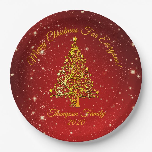 Matching Set Christmas Red Gold Tree Stars Name 9" Paper Plate (Front)
