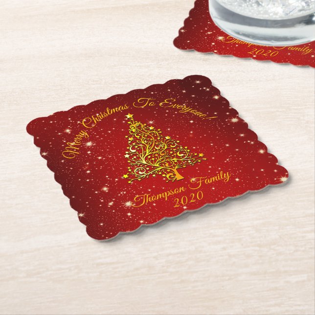 Matching Set Christmas Red Gold Tree Stars Name Paper Coaster (Angled)