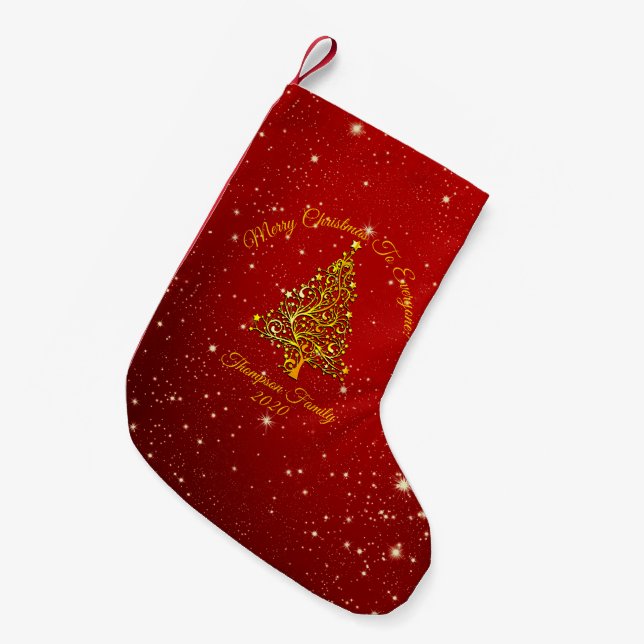 Matching Set Christmas Red Gold Tree Stars Name Small Christmas Stocking (Front (Hanging))