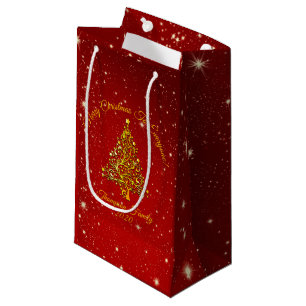 Matching Set Christmas Red Gold Tree Stars Name Small Gift Bag