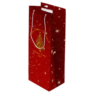 Matching Set Christmas Red Gold Tree Stars Name Wine Gift Bag