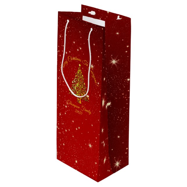 Matching Set Christmas Red Gold Tree Stars Name Wine Gift Bag (Front Angled)