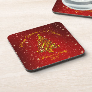 Matching Set Christmas Red Name Hard Plastic Cork Coaster